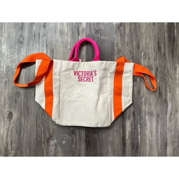 NEW Victoria's Secret Weekender Tote Bag Cream/Orange/Pink Dual Handles - Picture 1 of 7